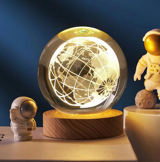 3D Crystal World Globe LED Lamp with Wooden Base – USB Powered Decorative Night Light
